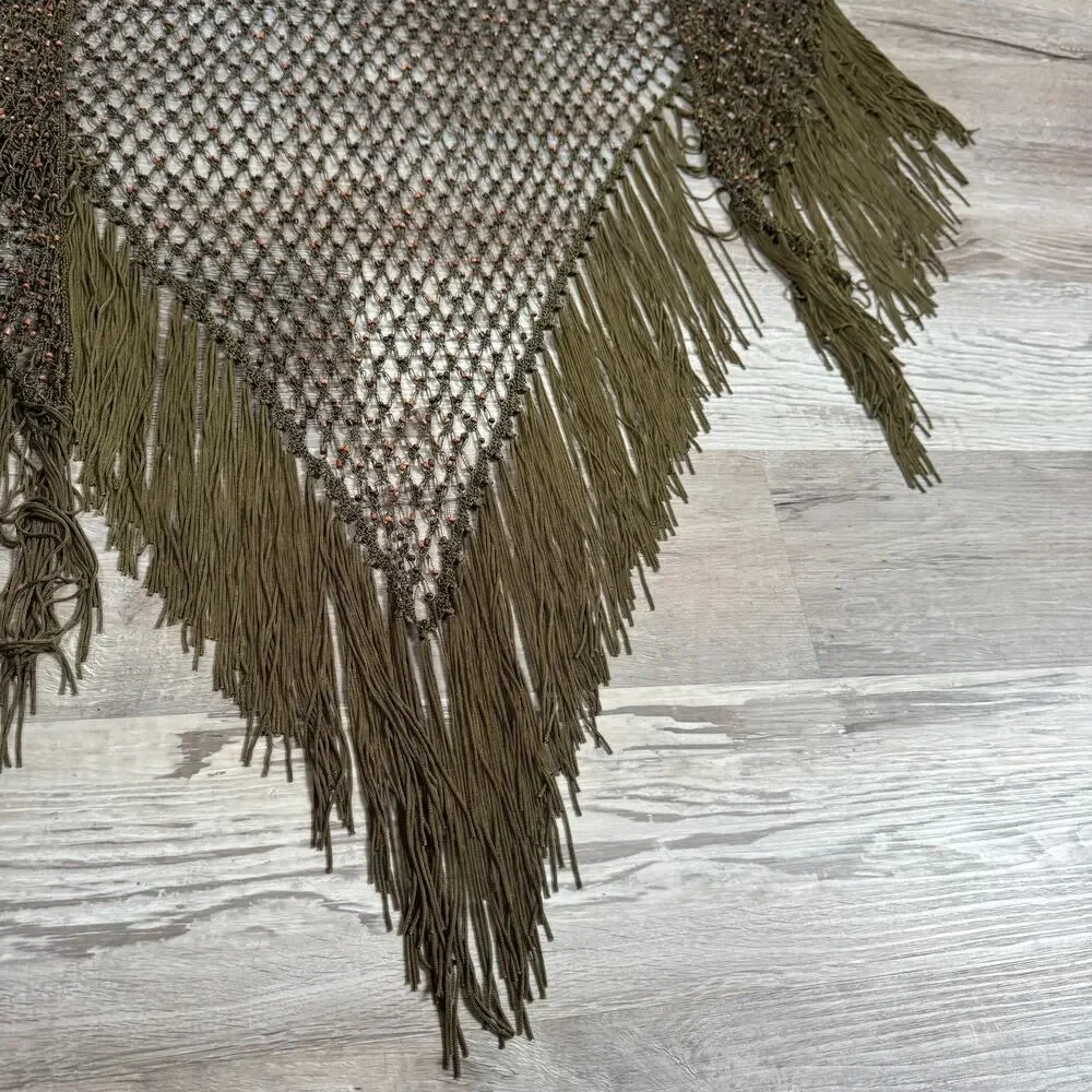 Vintage 90s Y2K Chico's Beaded Fringe Triangle Shawl Wrap Olive Boho Festival